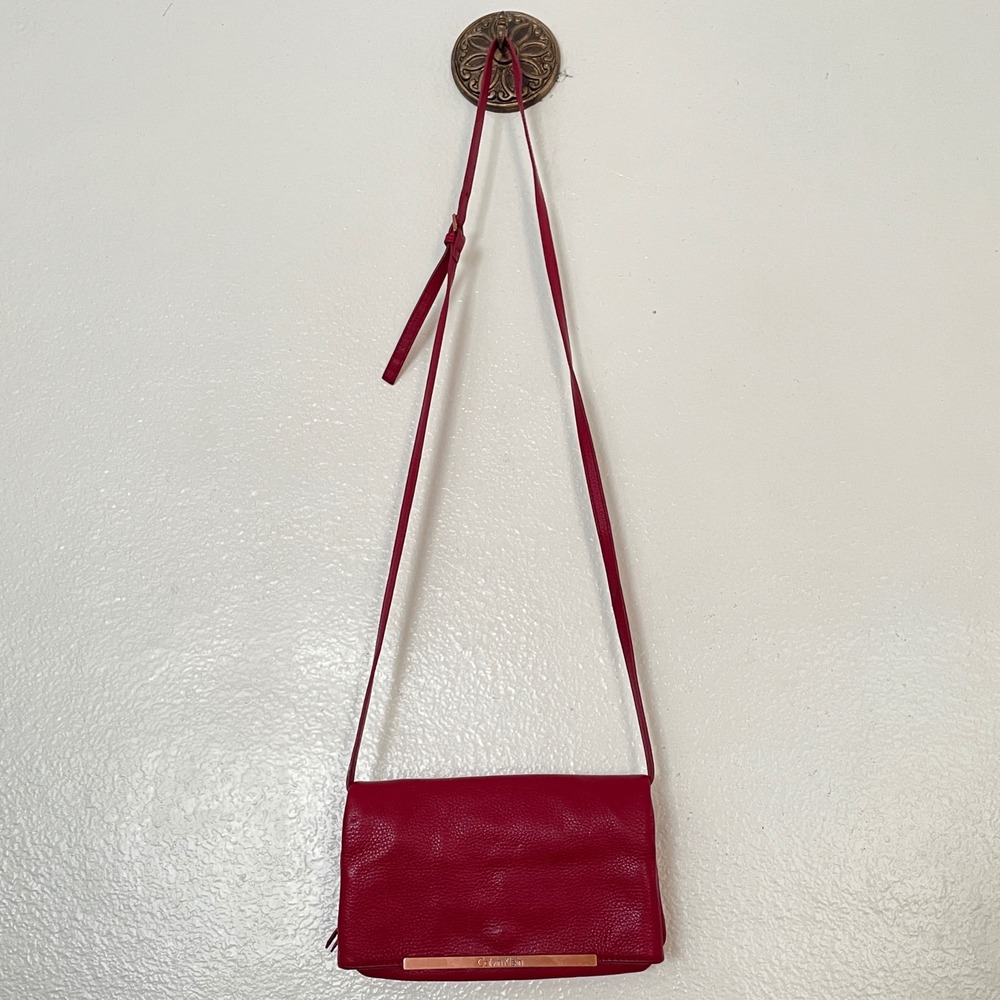 Calvin Klein Pebbled Leather Crossbody Bag Berry Red Rose Gold Hardware